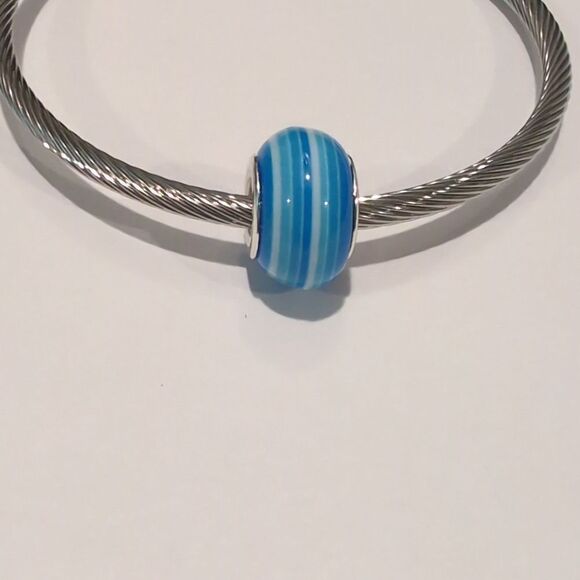 Silver‎ Blue and White Striped Charm for Pandora Style Bracelet - Picture 1 of 4